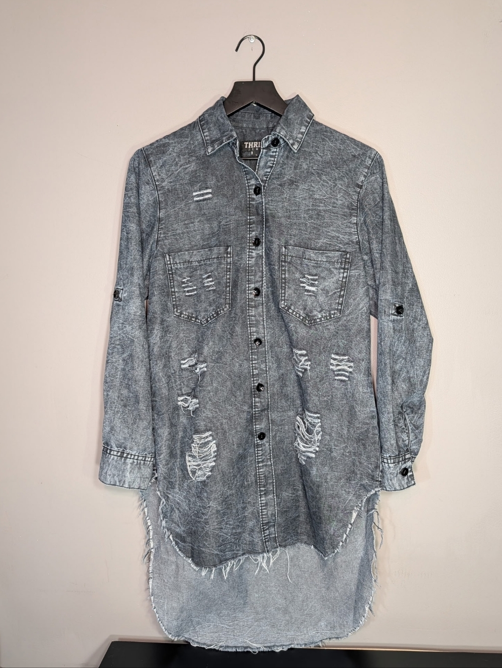 Thrill Grey Acid-Wash Distressed Longline Button-Down Shirt